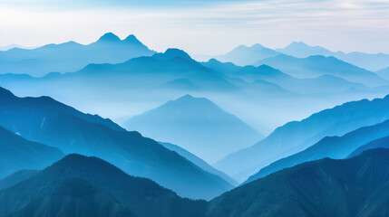 Obraz premium A breathtaking view of misty blue mountains with serene skies. Layered mountain ranges create a sense of depth and tranquility. Ideal for nature lovers.
