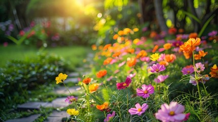 Obraz premium Tranquil Garden Oasis Bursting with Colorful Flowers