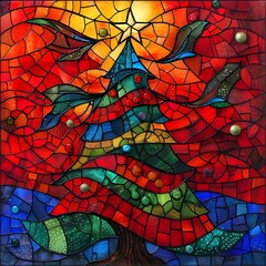 stained glass mosaic, christmas tree, Stained glass window in church, Christmas, Santa Claus