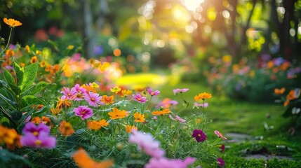 Tranquil Garden Oasis Bursting with Colorful Flowers