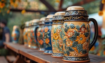 Hand-crafted beer stein with floral designs at the Oktoberfest festival.