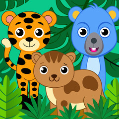 Cartoon wild animals in the jungle vector art illustration
