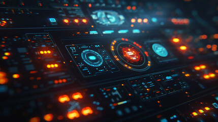 Holographic interface for a sci-fi control panel, with glowing elements and animated interactions.