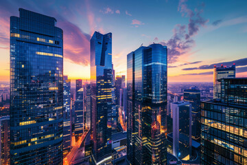 Obraz premium Aerial view of vibrant cityscape with illuminated skyscrapers against dramatic sunset sky. Office buildings in downtown and glowing city streets in the night. Nightlife of modern metropolis