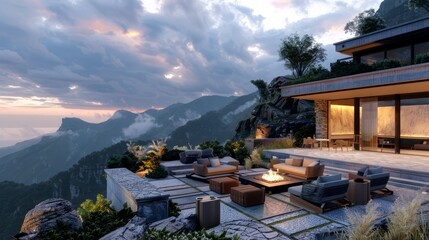 luxurious mountain top villa with multiple terraces, each offering a unique view of the rugged terrain, with modern outdoor furniture and a cozy fire pit