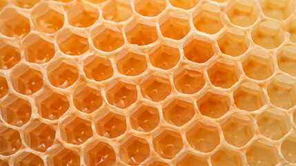 Macro photograph of a honeycomb, with its symmetrical hexagonal pattern and natural texture.