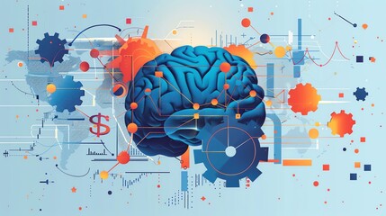 A 3D illustration of a brain with gears and cogs. The brain is blue and the cogs are orange. The background is light blue with a gradient to white.