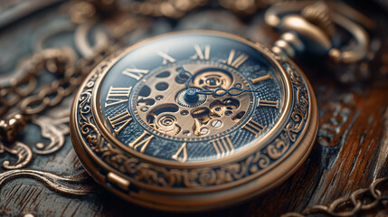 Vintage Pocket Watch: A close-up shot of an intricate vintage pocket watch with detailed engravings, set against a rustic wooden background. Captured with a 35mm lens for a timeless and elegant feel.