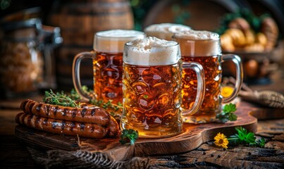 Rustic wooden table adorned with beer steins and Bavarian sausages at the Oktoberfest festival.