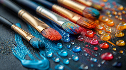 Fototapeta premium Street Artist’s Tools: A detailed shot of a street artist's paintbrushes and palette on the pavement, with splashes of vibrant colors.