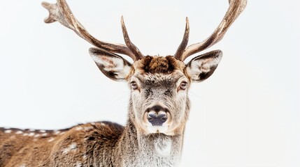 A majestic deer stands in the snow, its antlers silhouetted against the sky.
