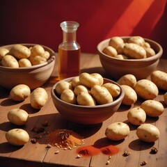 Newly harvested potatoes, an array of whole and powdered spices like cumin, coriander, cayenne and aromatic walnut oil placed on a distressed wooden table
