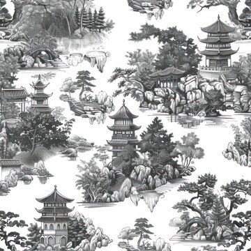 black and white chinese asian seamless repeating pattern of pagode with trees