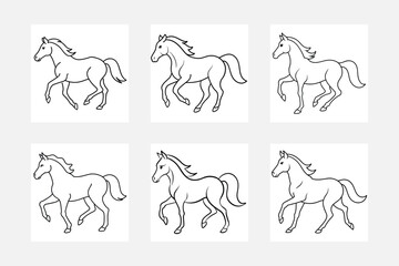 Galloping horse line art illustration set designs
