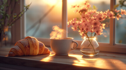 Cozy Cafe Corner: A close-up of a cozy café corner with a steaming cup of coffee, a croissant, and a small vase of flowers. The scene is warm and inviting, perfect for relaxation.