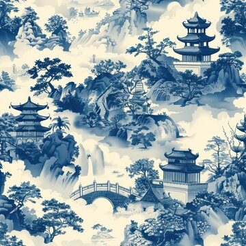  blue seamless repeating pattern of historic asian temples in style of toile de jouy
