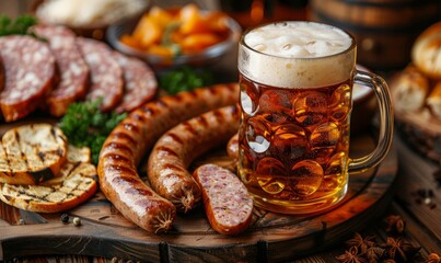 Rustic table set with assorted sausages and a mug of beer at the Oktoberfest festival.