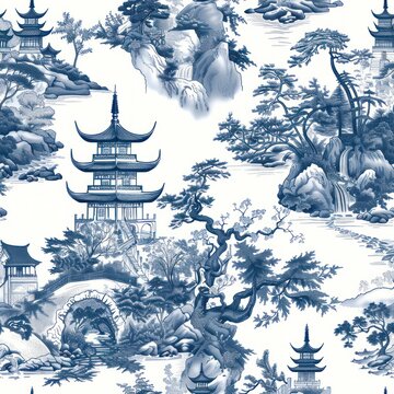 temple pagode pattern as chinese seamless repeating toile de jouy