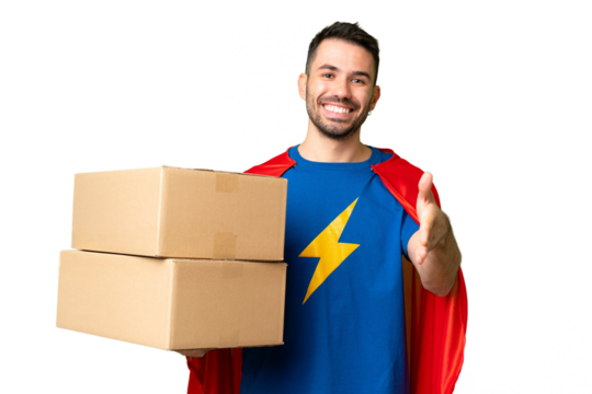 Super Hero delivery caucasian man over isolated chroma key background shaking hands for closing a good deal