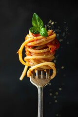 Twirling Spaghetti on Fork with Tomato Sauce and Basil Leaf