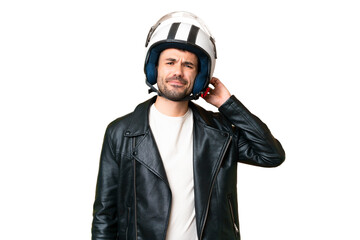 Young caucasian man with a motorcycle helmet over isolated chroma key background having doubts