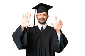 Young university graduate man over isolated chroma key background counting seven with fingers