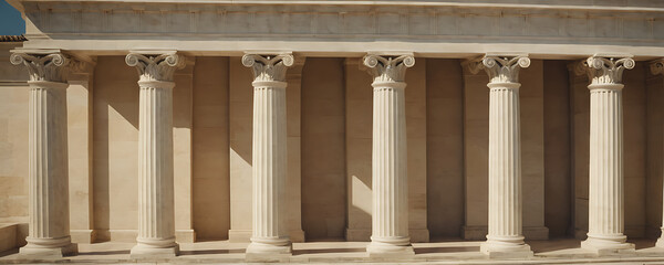 Naklejka premium A detailed model of a classical building facade with imposing columns, intricate friezes, and grand doorways, perfect for educational materials, historical presentations, or architectural projects.