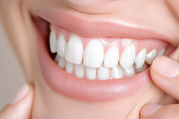 Obraz premium Perfect healthy teeth smile of a young woman. Teeth whitening. Dental clinic patient. Image symbolizes oral care dentistry, stomatology. Dentistry image