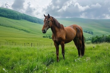 Obraz premium Beautiful horse on a green meadow, ai