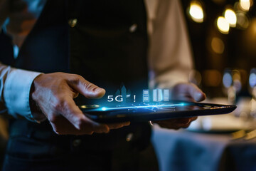 hand holding an empty digital tablet with a smart city and 5G network wireless systems