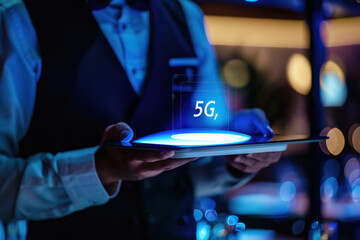 hand holding an empty digital tablet with a smart city and 5G network wireless systems