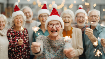 Caucasian cheerful elderly senior friend wear santa hat and holding sparklers on Christmas holiday. friendship smile and happy funny with celebration new year party
