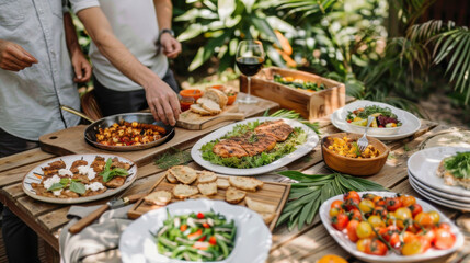 Obraz premium Happy friends having food and barbecued dinner party in garden