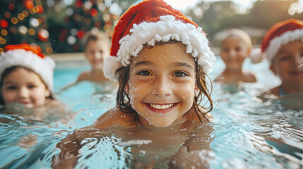 Smiling Caucasian boy child and friend kid wearing red santa hat and playful swimming in pool for celebrating christmas holiday