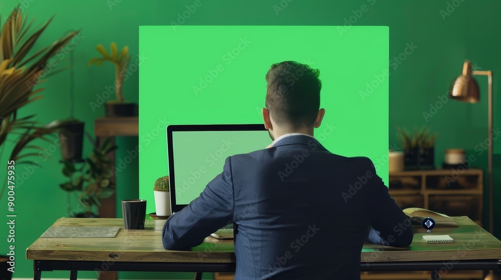 Aufkleber Using chroma key display on an isolated mockup background, a sales consultant works in startup space while staring at a laptop with greenscreen template.