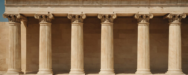 Naklejka premium A detailed model of a classical building facade with imposing columns, intricate friezes, and grand doorways, perfect for educational materials, historical presentations, or architectural projects.