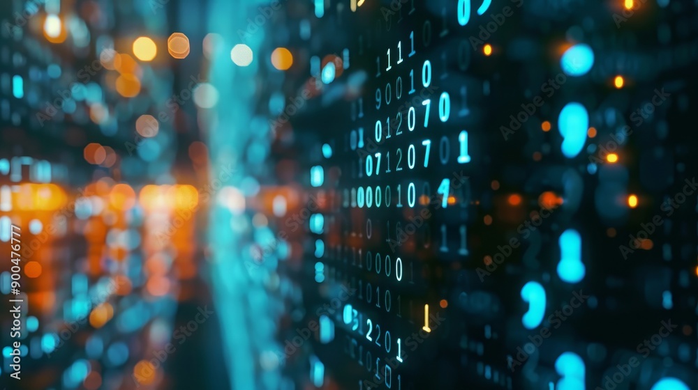 Aufkleber The programming code. The background is digital. The binary coding and typing are in a UHD format.