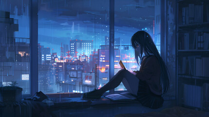 Woman enjoys a peaceful evening at home, sitting by the window in her room