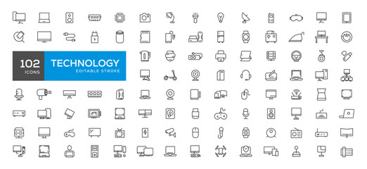 Device and technology line icon set. Electronic devices and gadgets, computer, equipment and electronics. Computer monitor, smartphone, tablet and laptop simple icon collections