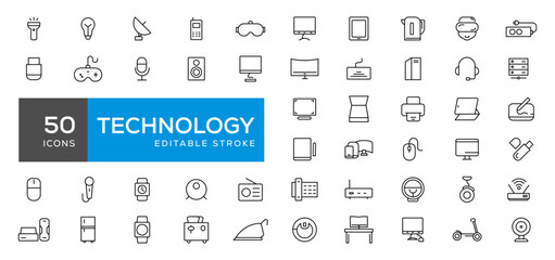 Device and technology line icon set. Electronic devices and gadgets, computer, equipment and electronics. Computer monitor, smartphone, tablet and laptop simple icon collections
