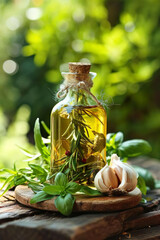 a bottel with herbs and oil inside on a wooden plate with fresh herbs, outdoor, sunlight,