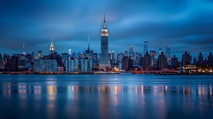Obraz premium Panorama of the skyline of Manhattan, view from Jersey city during the blue hour. New York City skyline with the Empire State building at night with water reflections.