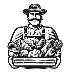 Male farmer, market worker holding crate full of vegetables. Healthy organic farm food. Vector illustration