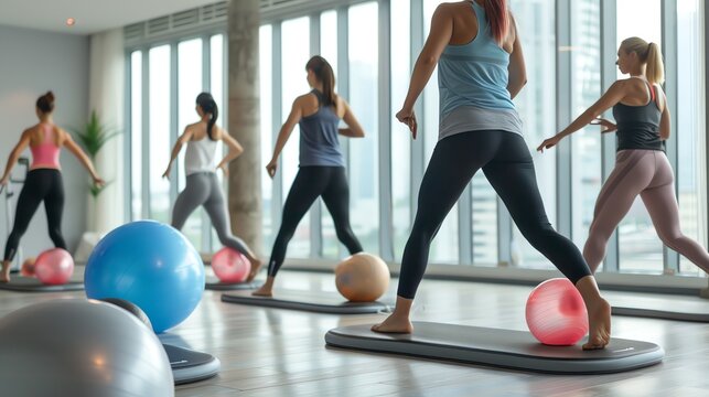 Group of women doing balance exercises on stability balls during a group fitness class at the gym. - Powered by Adobe
