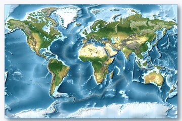 A highly detailed, colorful political world map illustration showcasing all continents and countries, highlighting their borders. 