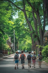 A group of children are walking down a street, each carrying a backpack. The scene is peaceful and calm, with the children enjoying their walk together