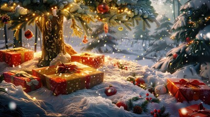 Fototapeta premium Snowy Tree and Wrapped Christmas Gifts Below