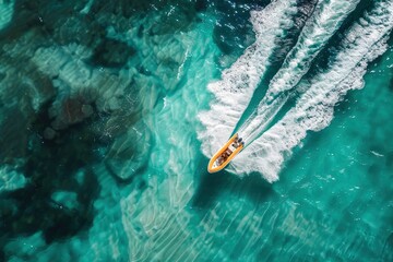Obraz premium Boat Donut, Water skiing, Aeral View, Ocean, generative ai