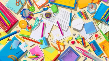 Colorful stationery items spread across a desk, representing the chaos of a creative mind.