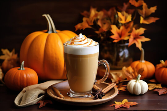 delicious pumpkin spice latte in a mug with fall decorations, fall background, food background